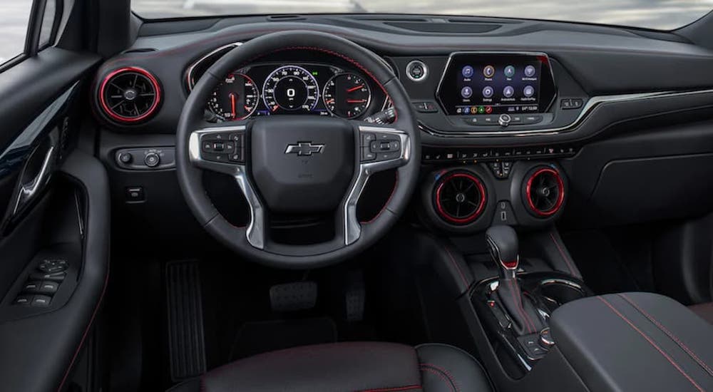 The interior of a 2023 Chevy Blazer is shown from the drivers seat.