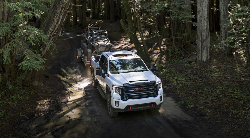 A white 2022 GMC Sierra 2500 AT4 is shown from the front while it tows UTVs through the forest.