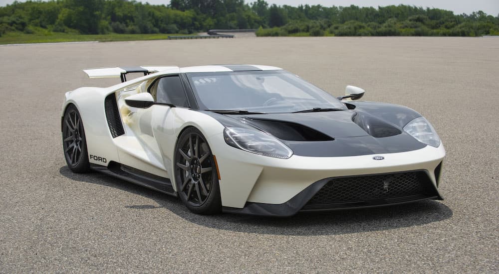 A white and black 2017 Ford GT is shown from the front at an angle.