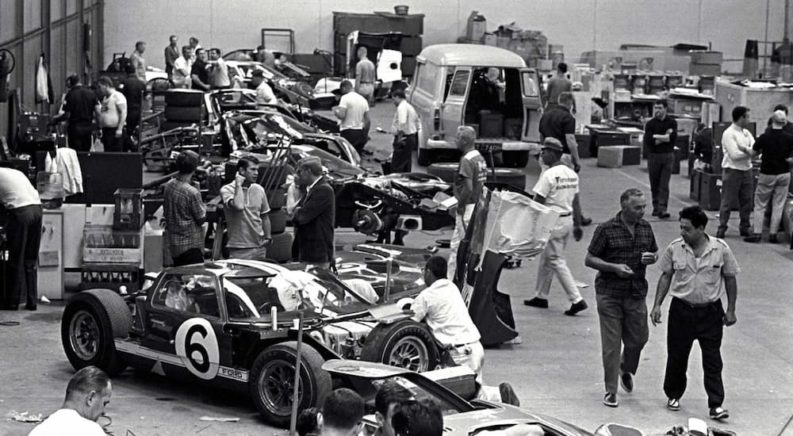 A black and white image of the 1965 Le Mans Ford garage is shown.
