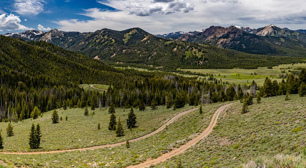 A mountain and dirt trails are shown in the Sawtooth National Recreation Area in Idaho.