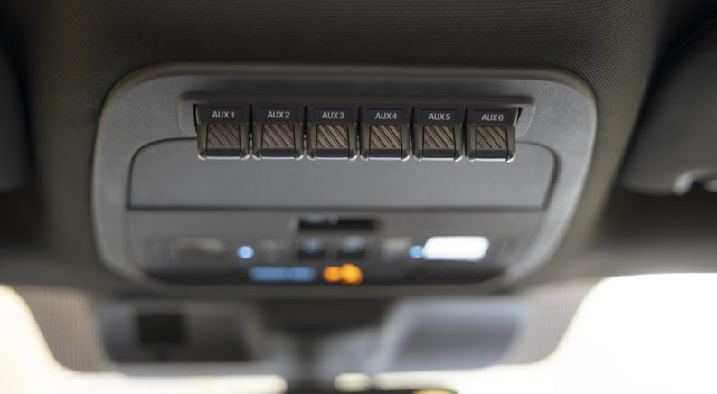 The auxiliary switches in a 2022 Ford F-150 Tremor are shown in close-up.