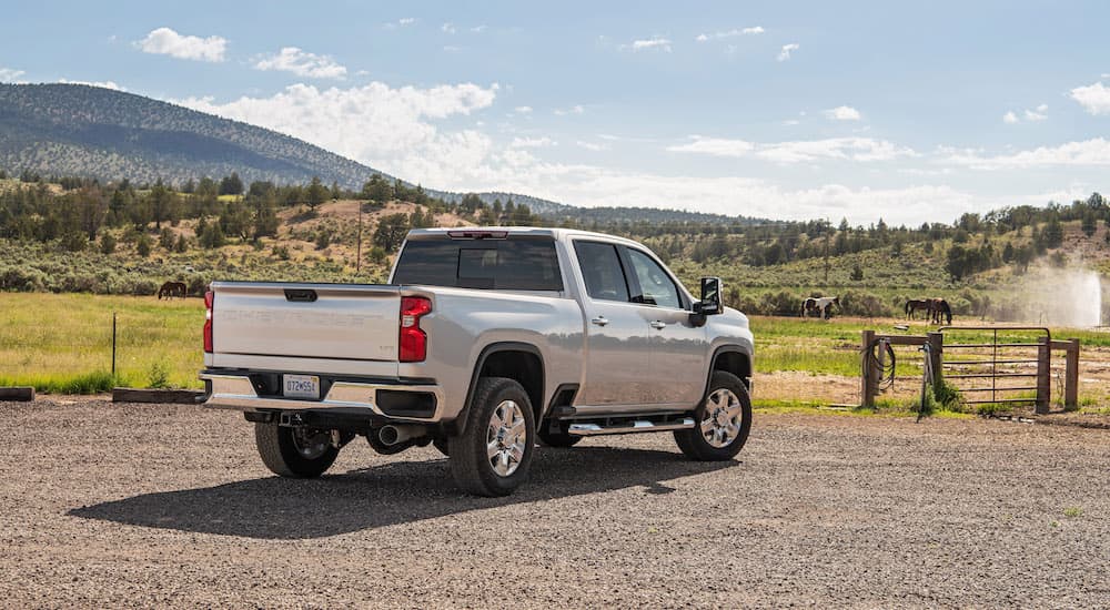 A silver 2022 Chevy Silverado 2500HD is shown from the rear at an angle after leaving a dealer that advertised having a Chevy Silverado 2500HD for sale.