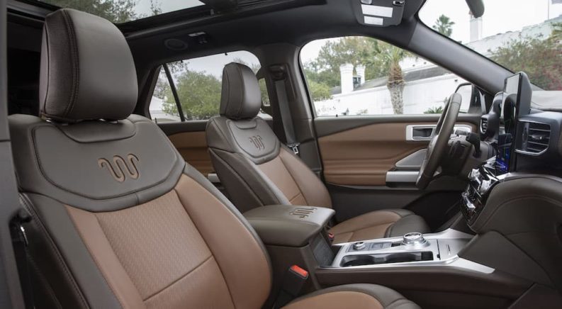 The interior of a 2022 Ford Explorer King Ranch is shown from the passenger side.