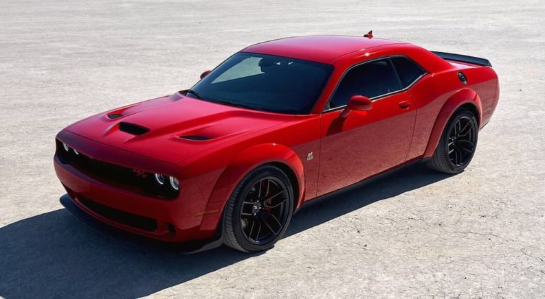 A red 2019 Dodge Challenger is shown parked at an angle.