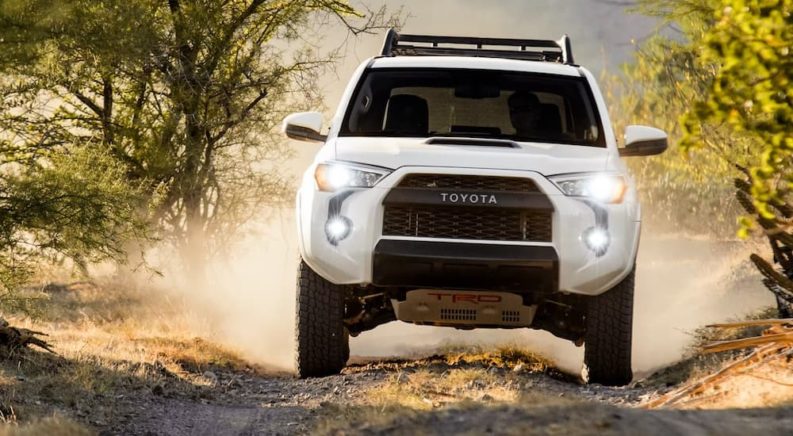 A white 2023 Toyota 4Runner TRD Pro is shown from the front on a dirt trail.