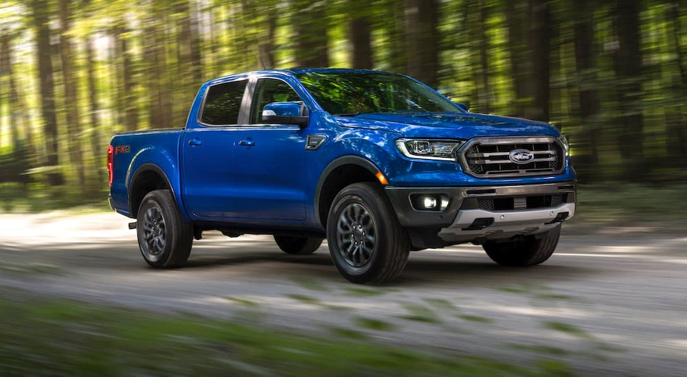 A blue 2023 Ford Ranger is shown from the front at an angle.