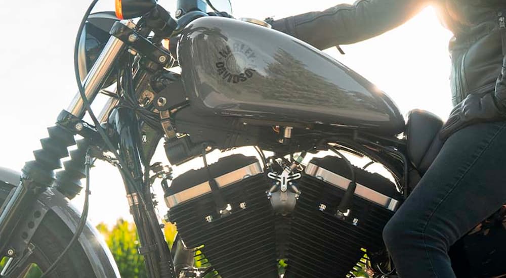 A close up shows the grey gas tank and engine on a 2022 Harley-Davidson Iron 883.