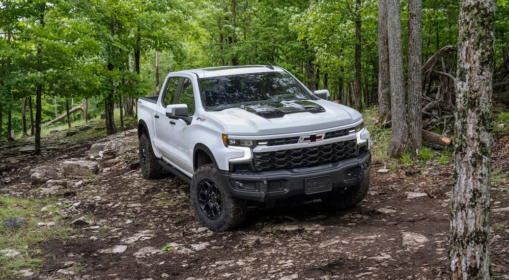 A white 2023 Chevy Silverado 1500 ZR2 Bison is shown from the front at an angle.