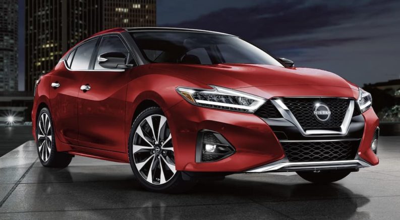 A red 2023 Nissan Maxima is shown from the front parked in a gallery.