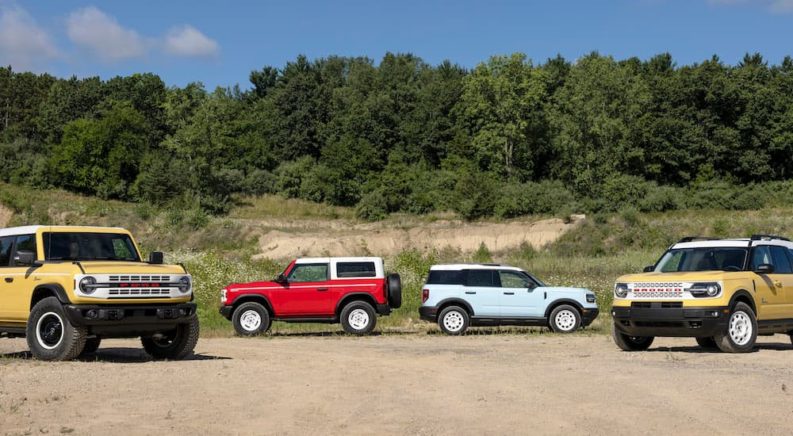 The lineup of 2023 Ford Bronco and Bronco Sport Heritage Editions are shown.