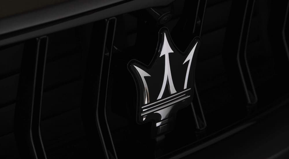 A close up of the Trident Logo on a 2023 Maserati Levante is shown.