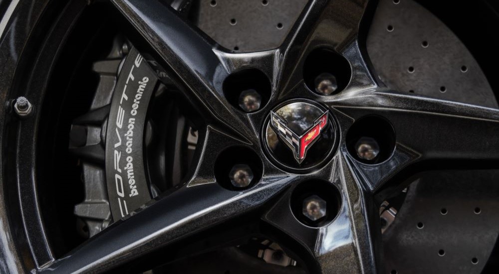 A close up shows the black rim on a 2024 Chevy Corvette E-Ray 3LZ.