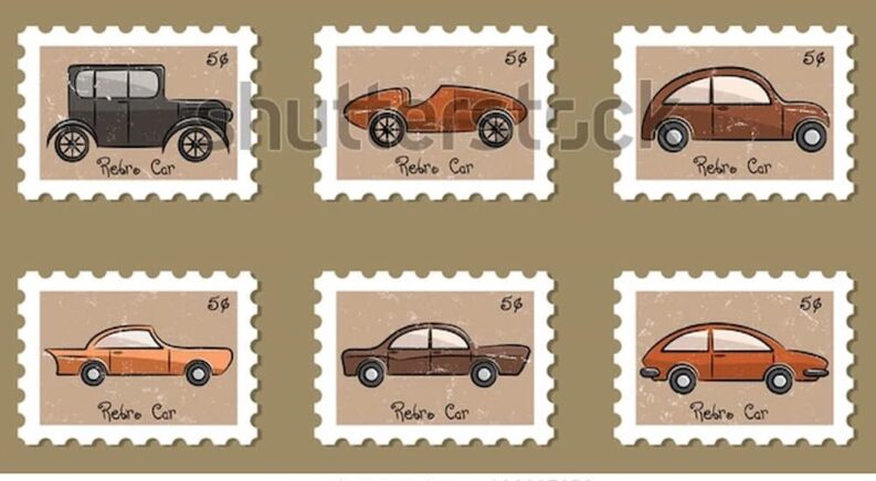 Retro car stamps are shown.