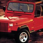 A red 1980's Jeep YJ is shown parked on a cliff.