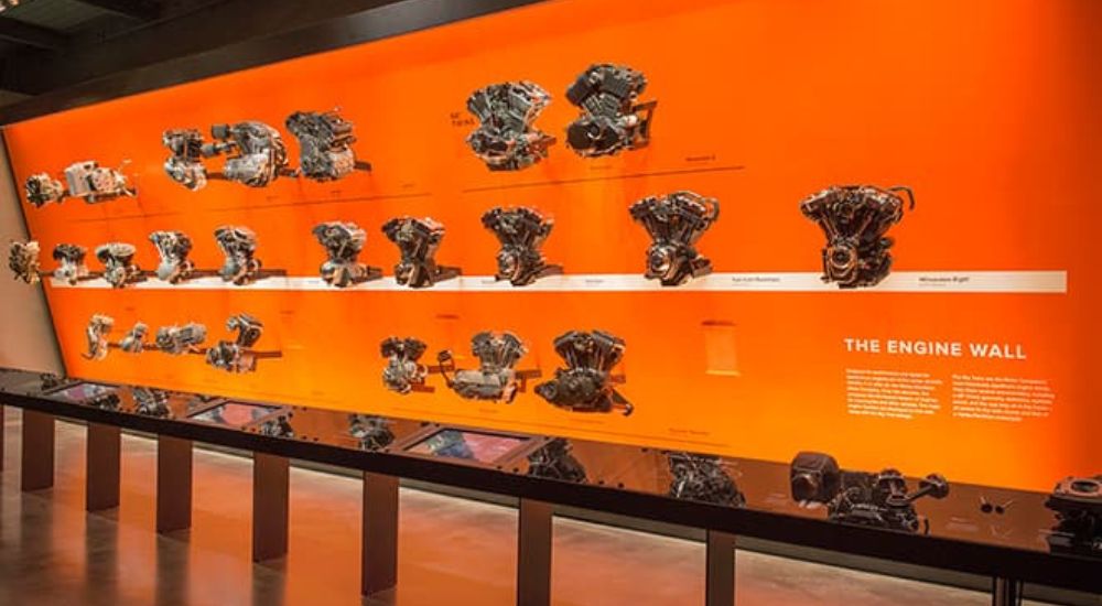 The Engine Wall at the Harley-Davidson Museum is shown.
