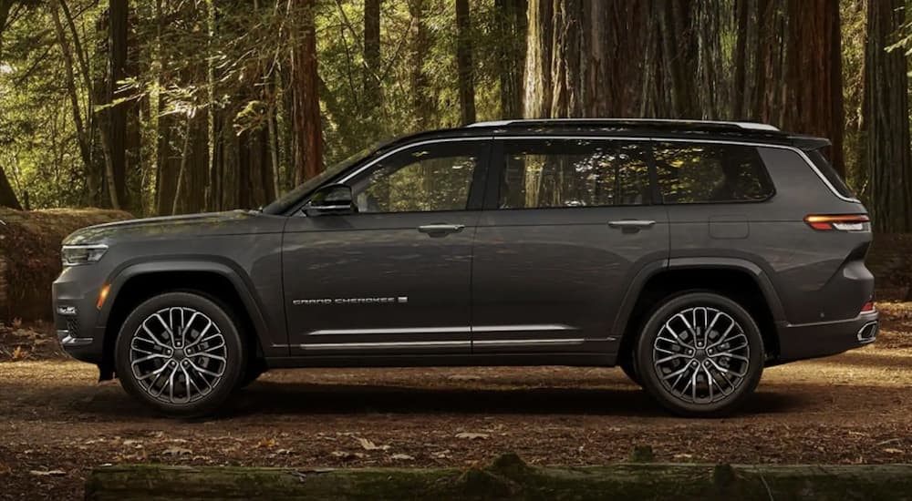 A gray 2023 Jeep Grand Cherokee is shown park off-road.