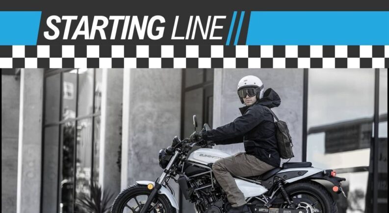 A person is shown on a white and black 2024 Kawasaki Eliminator under a StartingLine banner.