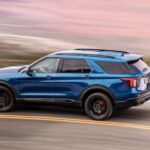 A popular used Ford Explorer for sale, a blue 2020 Ford Explorer ST, is shown driving on a highway.