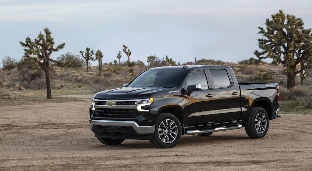 A black 2022 Chevy Silverado 1500 LT is shown from the front at an angle after leaving a dealer that has a used Chevy Silverado 1500 for sale.