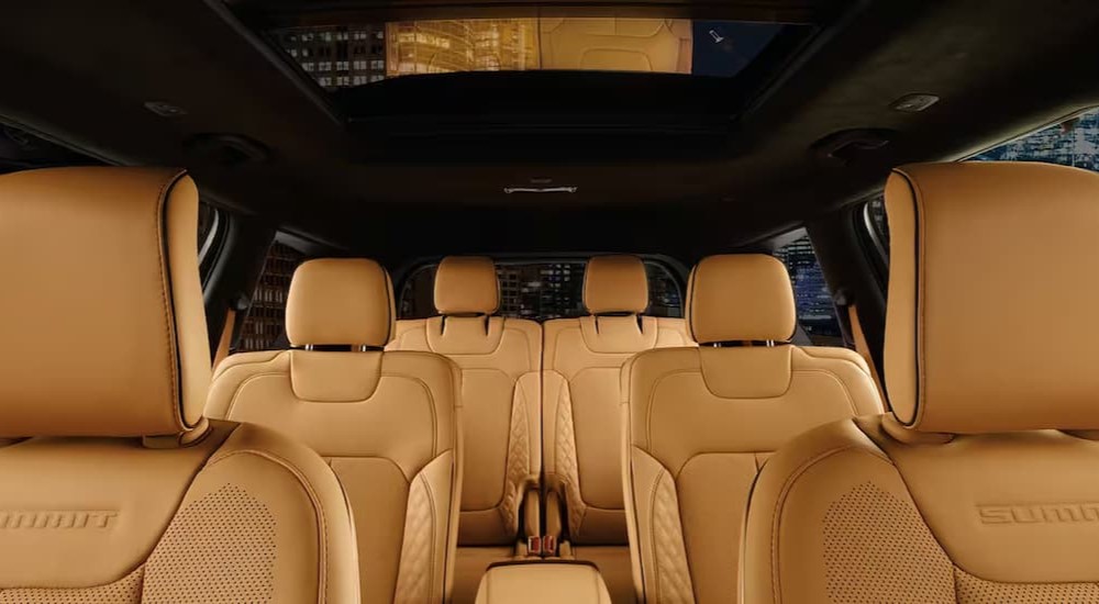 The tan interior of a 2023 Jeep Grand Cherokee L is shown.