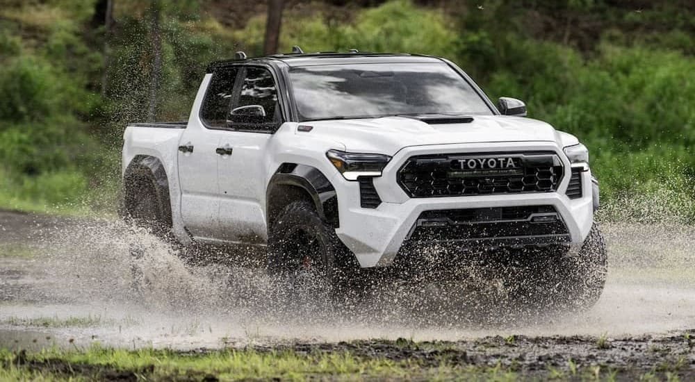 A white 2024 Toyota Tacoma is shown driving off-road on water.