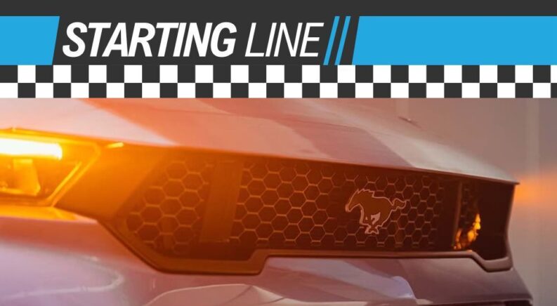 A close up shows the grille on a 2025 Ford Mustang GTD under a StartingLine banner.