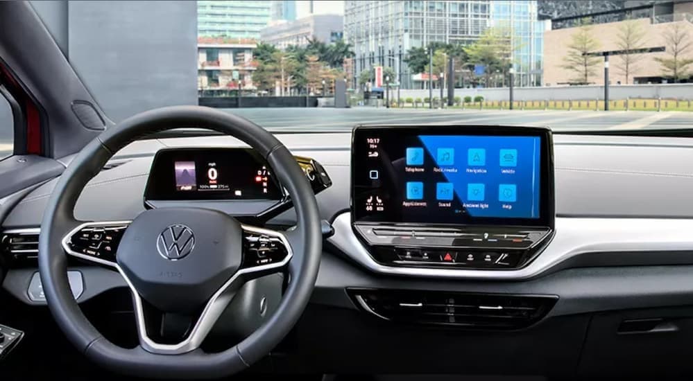 The gray dash of a 2023 Volkswagen ID.4 is shown.