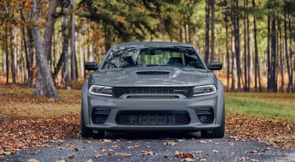 A grey 2023 Dodge Charger SRT Hellcat Redeye is shown driving from the front.