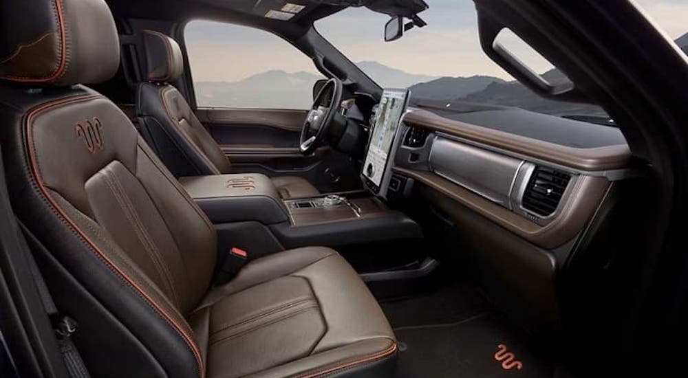 The brown leather interior of a 2024 Ford Expedition King Ranch MAX is shown.
