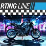 A black and blue 2024 Yamaha MT-09 is shown parked near neon lights under a Starting Line banner.