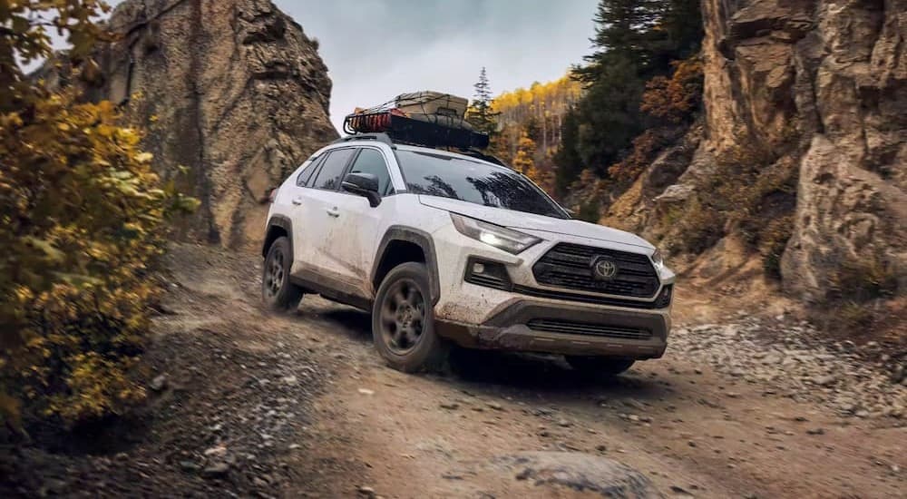 A white 2023 Toyota RAV4 TRD Off-Road is shown driving on a dirt path.