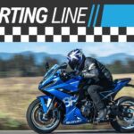 A Starting Line banner is shown above a blue 2024 Suzuki GSX-8R.