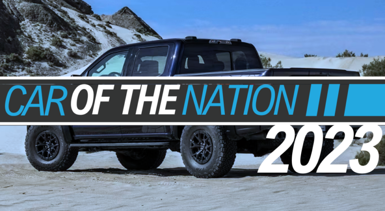 A 2023 Ford F-150 Raptor R is shown behind the Car of the Nation 2023 banner.