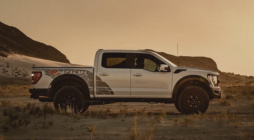 A white 2023 Ford F-150 Raptor R is shown from the side at dusk.