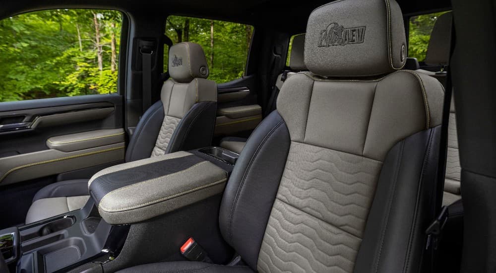 The brown interior of a 2023 Chevy Silverado 1500 ZR2 Bison is shown.