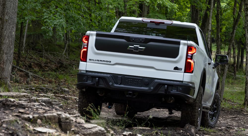 A white 2023 Chevy Silverado 1500 ZR2 Bison is shown from behind while driving off-road in a forest.