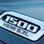 A close-up on the HEMI badge of a 2024 Ram 1500.