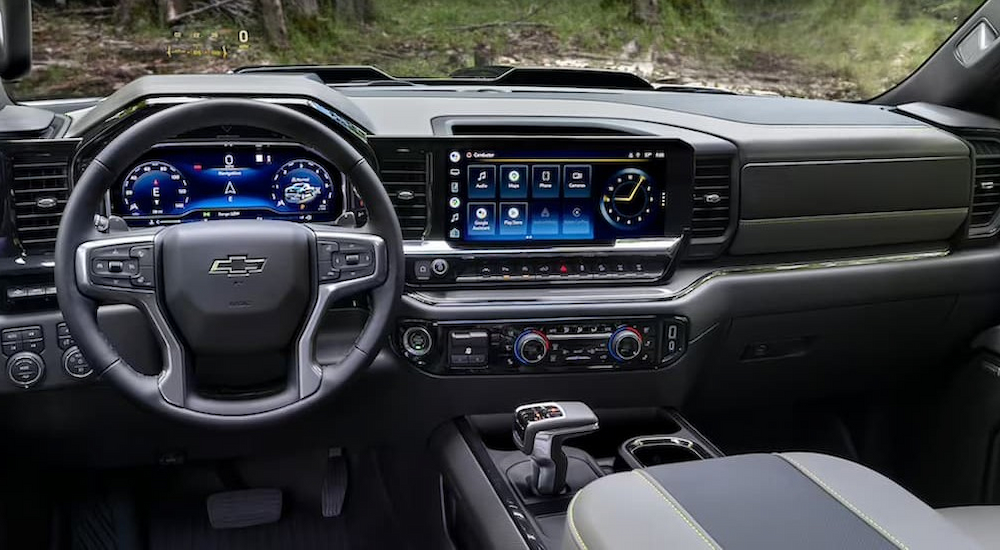 The interior of a 2023 Chevy Silverado 1500 Trail Boss at a used Chevy dealer.