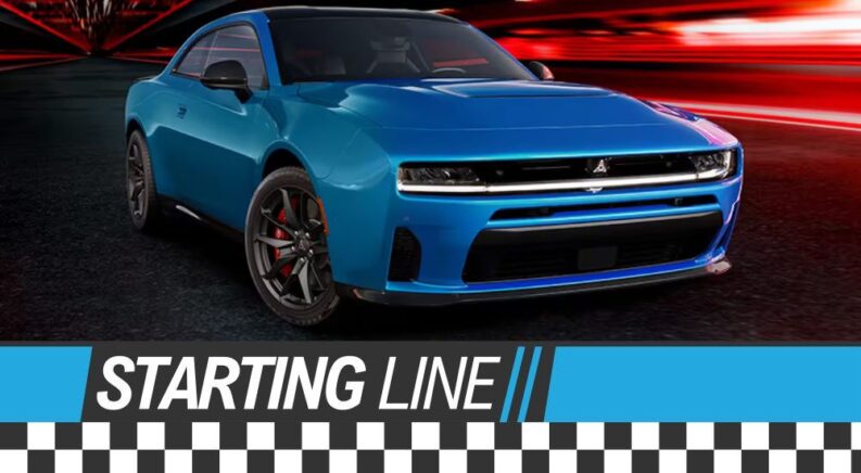 A blue 2025 Dodge Charger Six Pack is shown above the Starting Line banner.