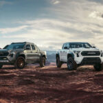 A green 2024 Toyota Tacoma Trailhunter and a white 2024 Toyota Tacoma TRD are shown from the front while off-road.