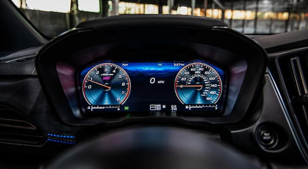 A close-up of the digital display in a 2025 Subaru WRX tS is shown.