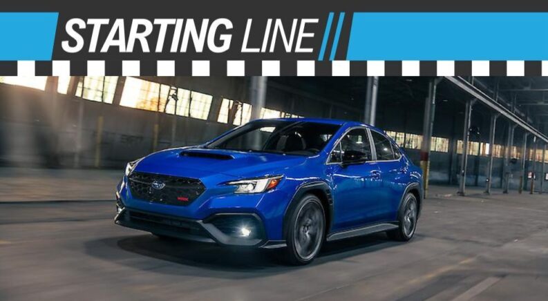 A Starting Line banner is shown over a blue 2025 Subaru WRX tS.