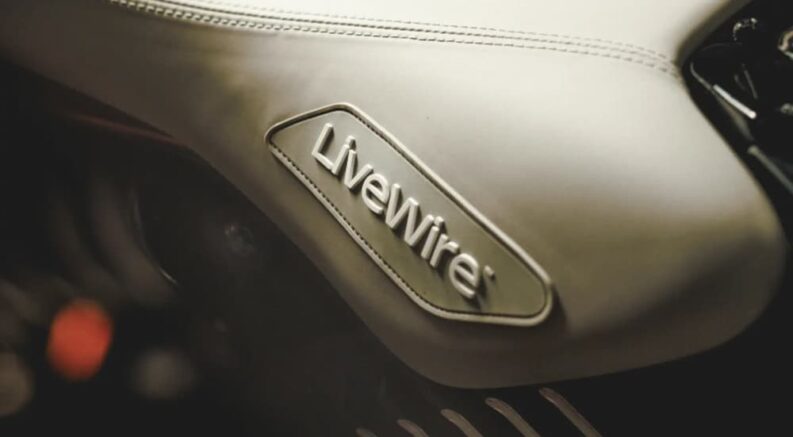 The LiveWire logo is shown on the seat of a LiveWire S2 Mulholland.