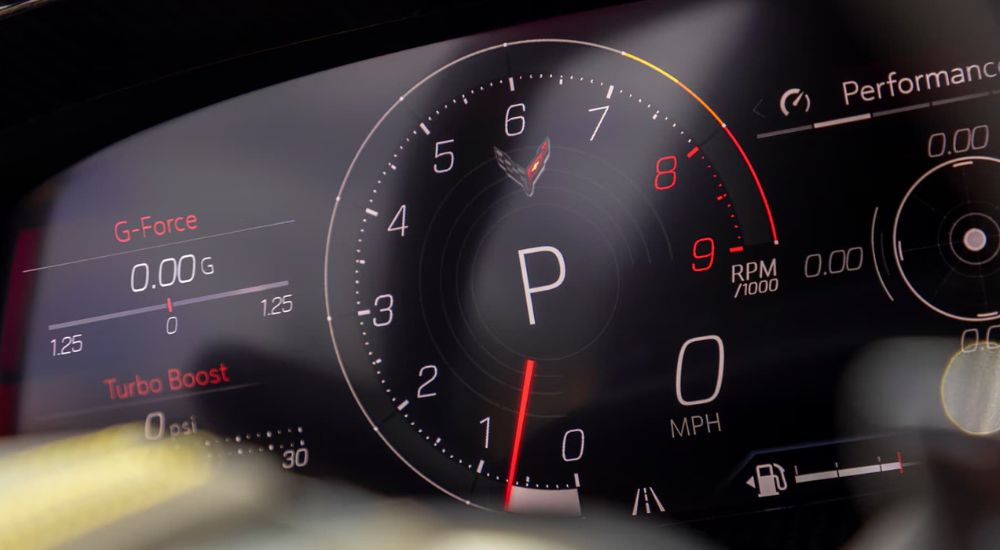 A close up shows the tachometer in a 2025 Chevy Corvette ZR1.