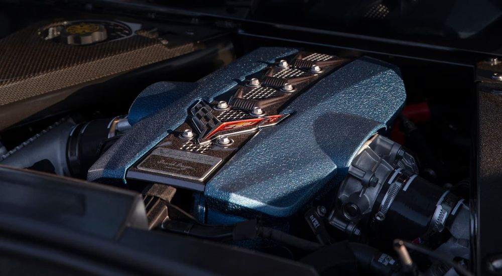 A close up shows the engine in a 2025 Chevy Corvette ZR1.