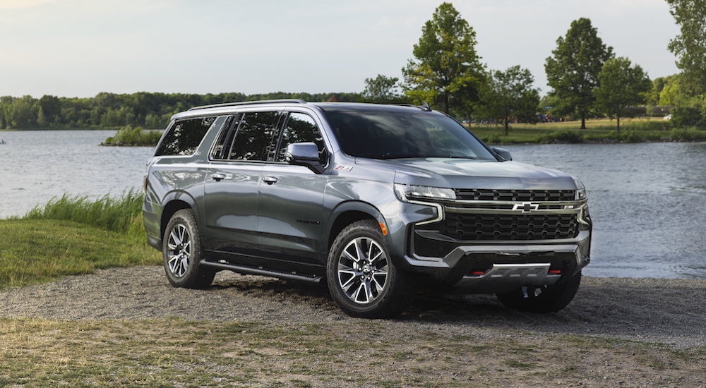 A grey 2021 Chevy Suburban Z71 is shown form the front at an angle.