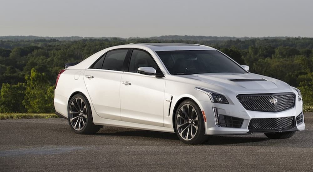 A white 2017 Cadillac CT5-V is shown parked on a track.