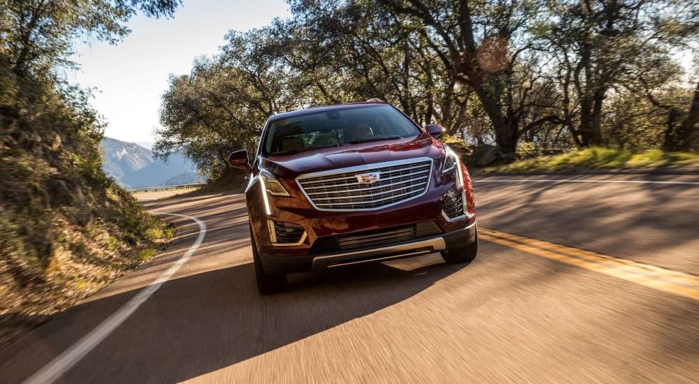 A red 2019 Cadillac XT5 is shown driving on a highway.