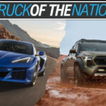 A blue 2024 Chevy Corvette E-Ray and a green 2024 Toyota Tacoma are shown under a Car and Truck of the Nation banner.